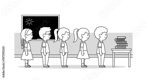 School Children Queueing in Classroom Illustration
