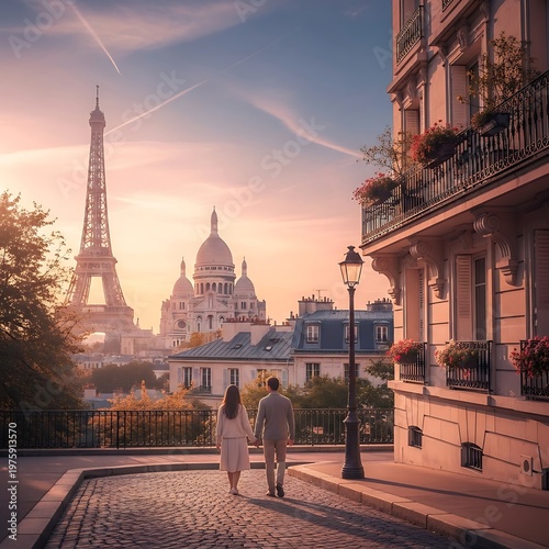 Romantic Couple Walking Towards Eiffel Tower in Paris at Sunset.
