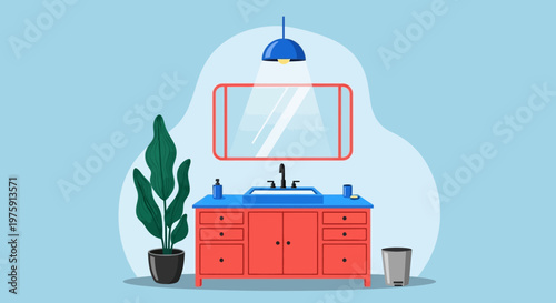 Stylized bathroom vanity with sink mirror and potted plant decor.