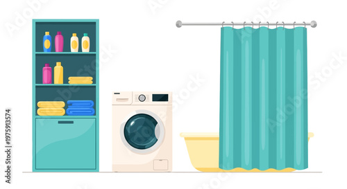 Bright home laundry room featuring a washing machine, storage shelves, towels, and a blue curtain in a tidy interior.