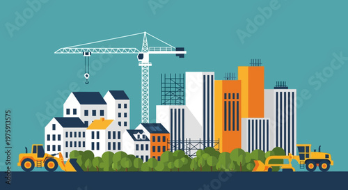 Active urban construction site with crane and modern buildings under development.