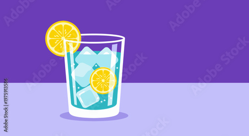 A Glass of Lemonade with Ice Cubes on a Purple Background, Fresh and Invigorating.