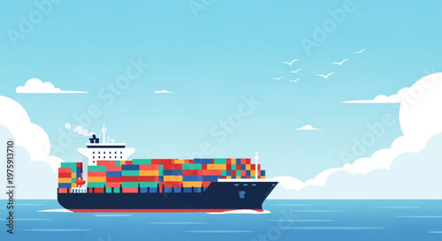 Massive container ship carrying colorful cargo containers across open ocean under clear sky.