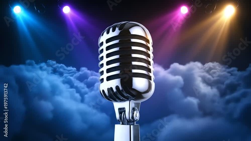 vintage microphone on clouds with spotlights