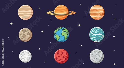 Colorful space planet lineup illustration showcasing multiple planets and celestial bodies in a starry night sky.