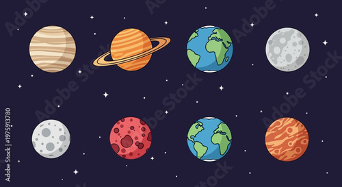 Colorful Planets in Space: A Stylized Astro Scene with Multiple Planets and Stars.