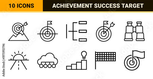 Business success and goal achievement target line icons set