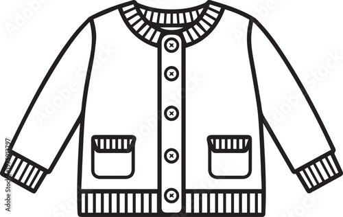 A simple and classic line drawing of a cardigan sweater. Depicting the design and details of the cardigan sweater. 