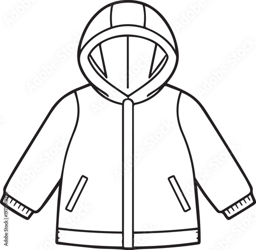 An illustrative depiction of a practical jacket designed for protection against the elements, presenting a classic outerwear piece in a monochrome style.