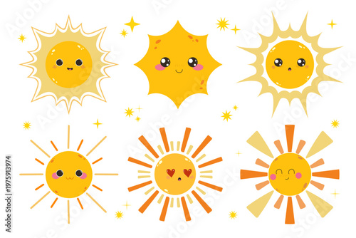 Set of smiling sun characters with different emotions and rays, decorative summer elements collection. Kawaii clip art with cute faces. Perfect for summer design, prints, kids products