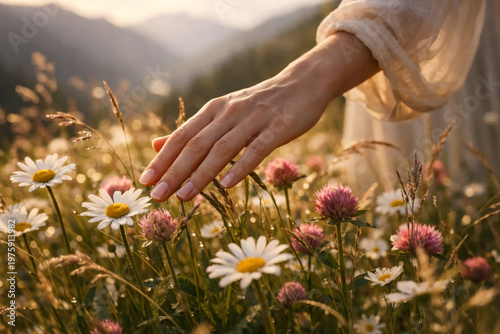 Hand Touching Daisies in Meadow