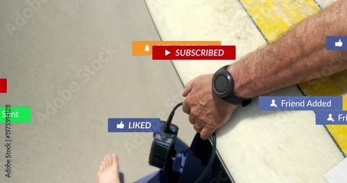 Animation of notification bars over caucasian surfer holding surfboard and walking toward ocean