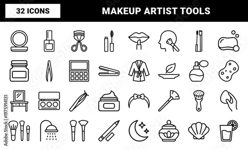 Cosmetic and beauty parlor line icons for makeup artist branding