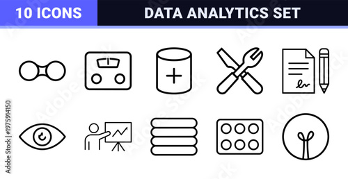 Minimalist business and office line icon set for data analytics and teamwork.