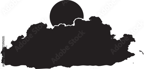 Sun partially hidden behind a fluffy cloud silhouette with half sun, semi circle