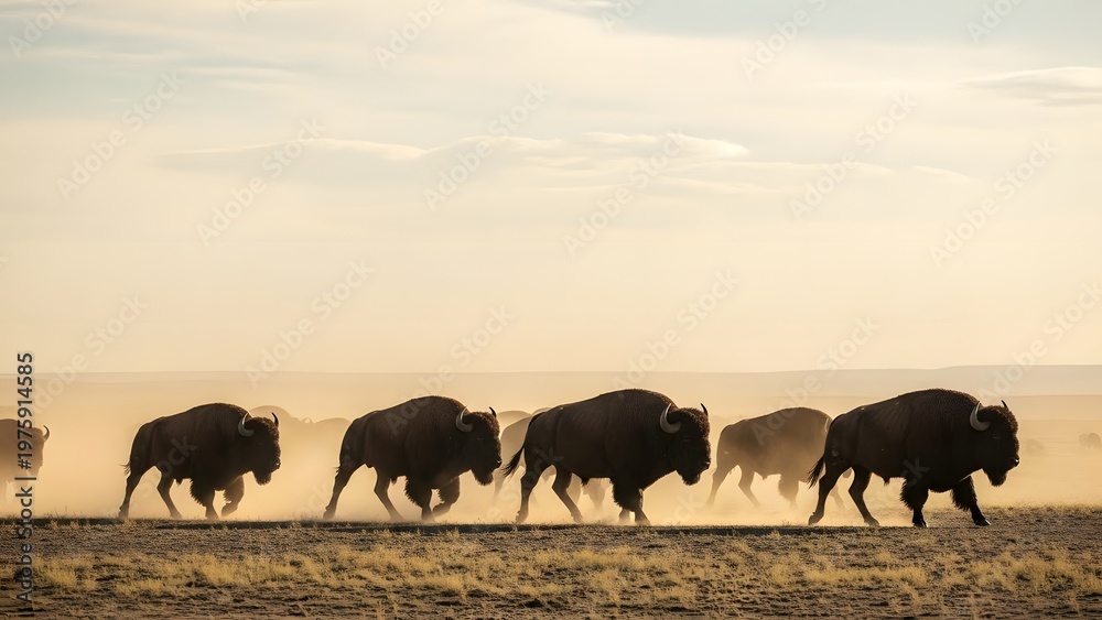 Fototapeta premium Bison herd walking in formation landscape.
