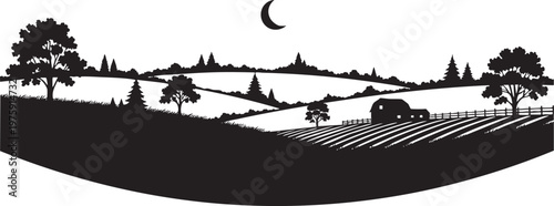 Rural landscape at night with crescent moon field of crops country living