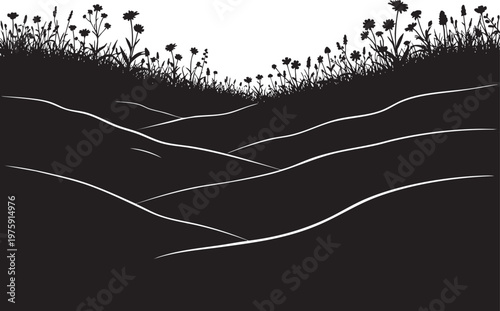 Black silhouette of a landscape with rolling hills and flowers, landscape