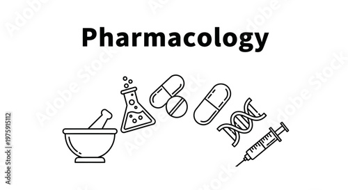 Pharmacology concept illustration with medical icons such as mortar and pestle, pills, flask, DNA, and syringe.