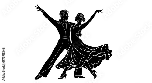 Elegant black silhouette of a couple performing ballroom dance, Latin or Salsa style, isolated on white background.