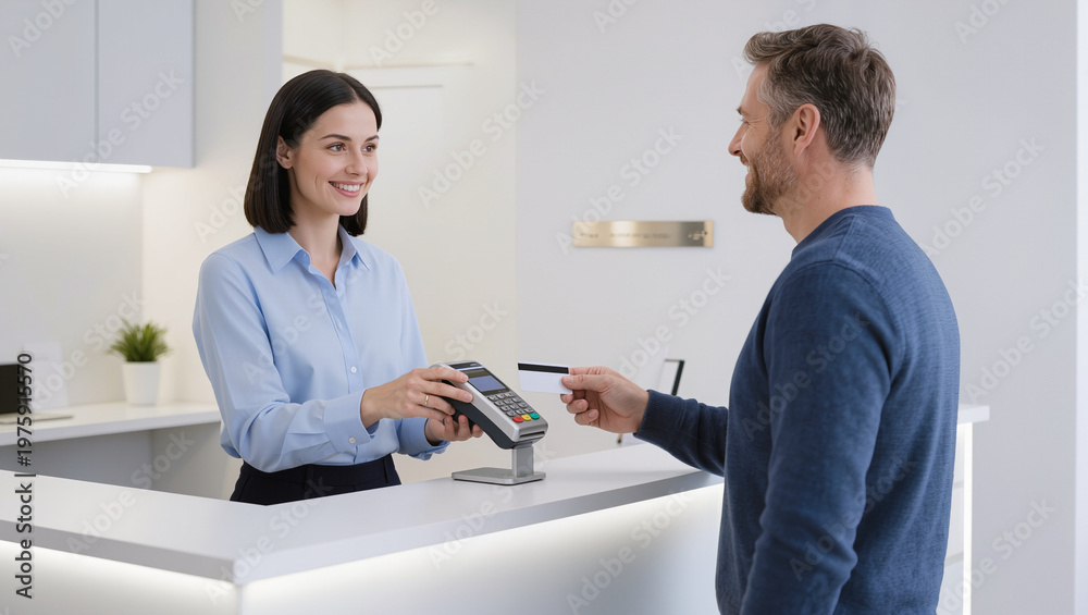 Obraz premium Customer Making Contactless Payment with Credit Card at Reception Desk
