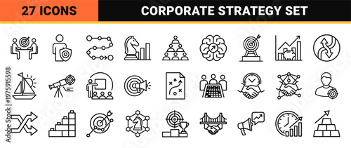 Business Strategy Management Minimalist Outline Icon Set for Corporate Planning