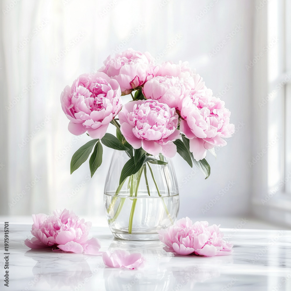 Fototapeta premium Fresh pink peony bouquet in glass vase on white marble table with scattered petals soft window light mothers day