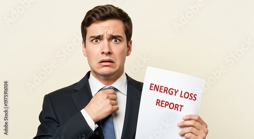 Medium shot of a panicked young businessman loosening his tie, holding an energy loss report, plain cream background, economic crisis.