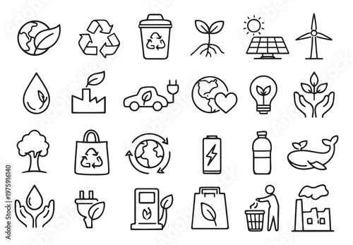 ecology green energy and environmental sustainability line icons vector