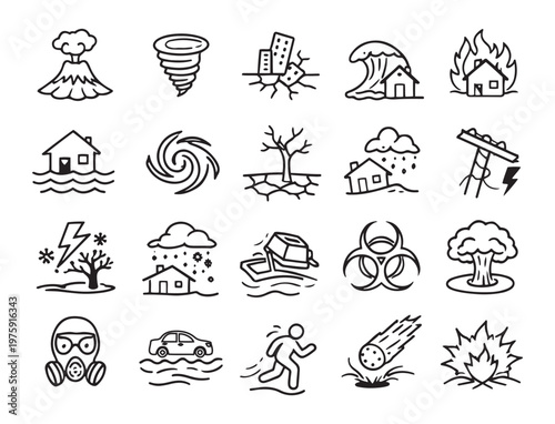 natural disasters catastrophic events and emergency hazards line icons vector