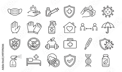 health hygiene and pandemic protection safety line icons vector