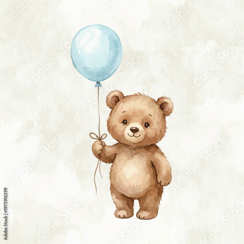 Bild auf Leinwand Watercolour teddy bear holding blue balloon in soft light watercolour style illu
