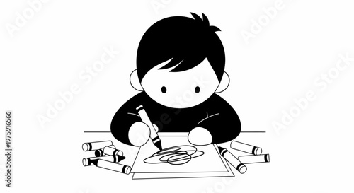 Illustration of a boy coloring on paper with crayons in black and white line art style.