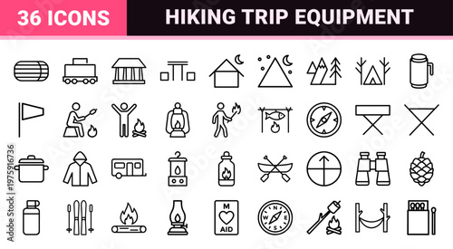 Outdoor camping and hiking outline icon set.