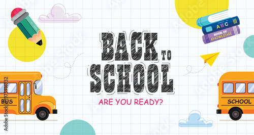 Back to School text clipart banner with colorful school bus, pencils, books, and notebooks school elements with grid lines background vector illustration. 
