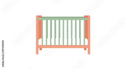 Modern Baby Crib with Green Slats and Orange Frame, Isolated on White Background