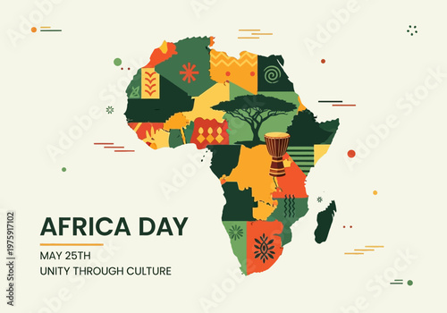 Africa Day celebration with a vibrant patterned map of the continent.
