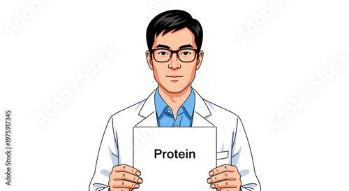 Illustration of a male doctor or nutritionist holding a paper with the word "Protein" written on it for health education.