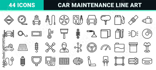Minimalist car service and automotive repair line icons set.