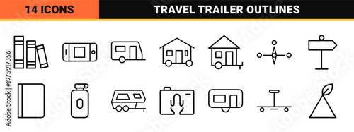 Mobile home and caravan minimalist line icon set for travel and recreation.