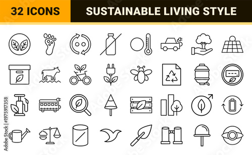 Sustainability and ecology line icon set for green energy and carbon footprint conservation.
