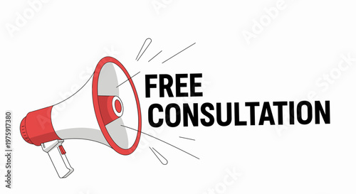 Illustration of a megaphone with the text "Free Consultation" for marketing campaigns and customer service.