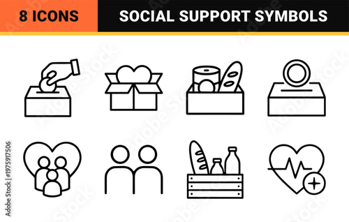 Charity and donation outline icon set for nonprofit and volunteer community.