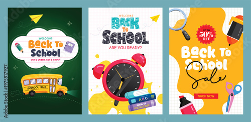 Back to school greeting clipart poster set with school elements like bus, books, pencil, and alarm clock on colorful backgrounds for classroom projects and educational templates. Vector illustration.
