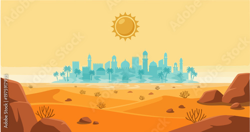 Desert Mirage City Conceptual Flat Vector