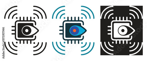 Modern AI Agent Sensor vector icon set featuring an integrated microchip with digital vision and signal waves, symbolizing smart sensing, machine perception, and futuristic technology