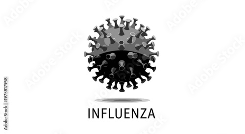 Influenza virus vector illustration in black and white format with text.