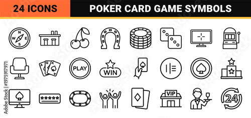 Casino and gambling minimalist outline icons set for betting and gaming web design