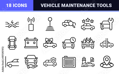 Car service and automotive maintenance minimalist outline icon set.