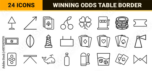 Minimalist casino and gambling line icon set for leisure games and winning luck.